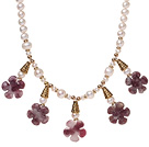 Pretty Natural White Freshwater Pearl And Purple Jade Flower Pendant Necklace With Gold Charms