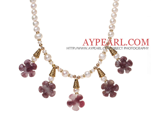 Pretty Natural White Freshwater Pearl And Purple Jade Flower Pendant Necklace With Gold Charms