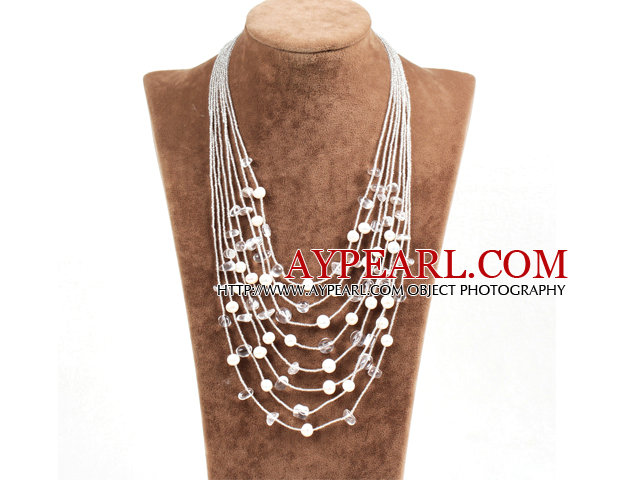 Graceful Multi Strand Irregular Shape Clear Crystal Natural White Freshwater Pearl Party Necklace