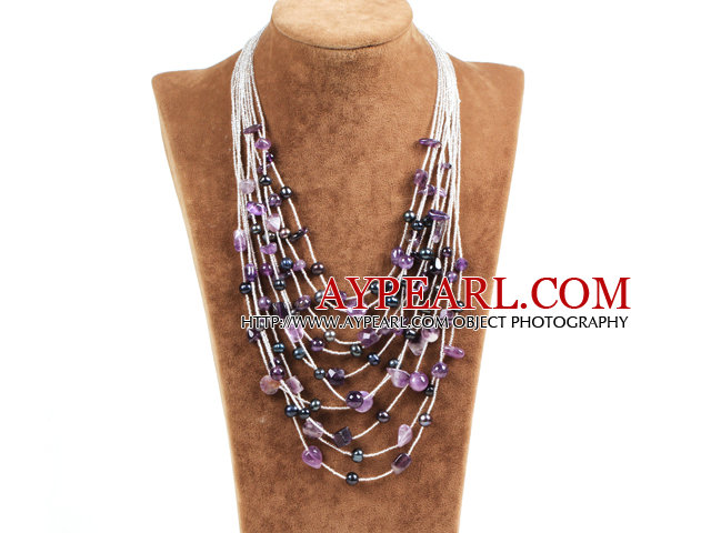 Graceful Multi Strand Irregular Shape Amethyst Natural Black Freshwater Pearl Party Necklace