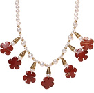 Pretty Natural White Freshwater Pearl And Red Flower Stone Pendant Necklace With Gold Charms