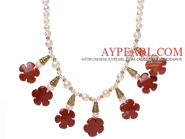 Pretty Natural White Freshwater Pearl And Red Flower Stone Pendant Necklace With Gold Charms