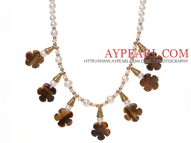 Pretty Natural White Freshwater Pearl And Tiger Eye Flower Pendant Necklace With Gold Charms