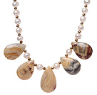 Beautiful Natural White Freshwater Pearl And Nut Shape Banded Agate Strand Necklace With S Clasp