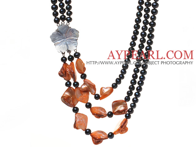 Fashion Three Strands Natural Black Freshwater Pearl And Orange Shell Necklace With Flower Clasp