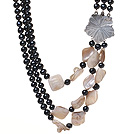 Fashion Three Strands Natural Black Freshwater Pearl And White Shell Necklace With Flower Clasp