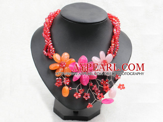 Graceful Mutli Strand Ljus röd kristall pärlor Multi Color Flower Party halsband