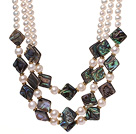 Fantastic Multi Strands Natural White Freshwater Pearl And Rhombus Shape Abalone Shell Necklace