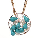 Fashion Wired Crochet Teardrop Greent Turquoise And White Freshwater Pearl Pendant Necklace With Nice Gold Loop Chain