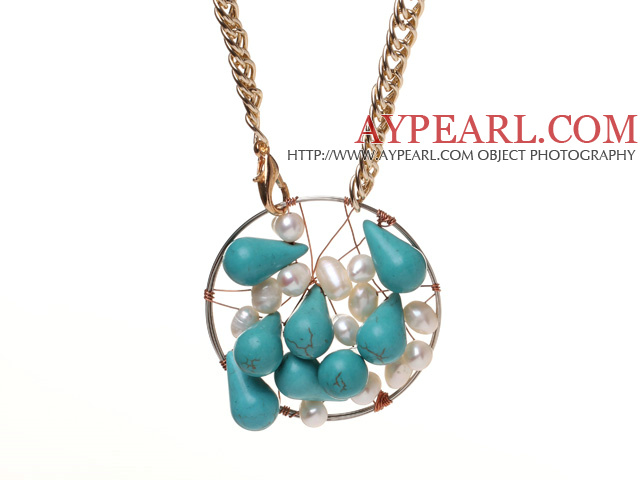 Fashion Wired Crochet Teardrop Greent Turquoise And White Freshwater Pearl Pendant Necklace With Nice Gold Loop Chain