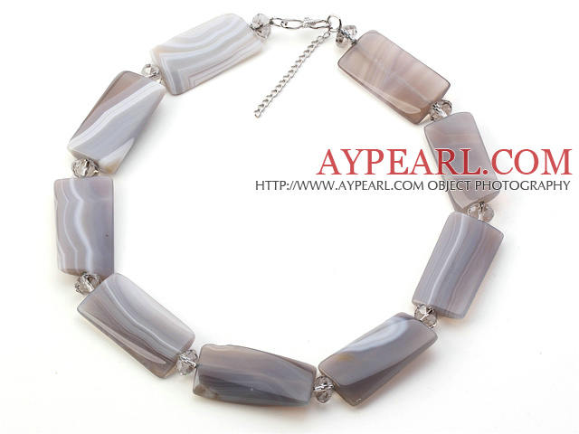 Beautiful Rectangle Shape Gray Series Banded Agate And Crystal Strand Necklace With Extendable Chain