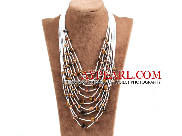 Graceful Multi Strand Irregular Shape Tiger Eye Beads Natural Brown Freshwater Pearl Party Necklace