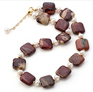 Fashion Natural White Freshwater Pearl And Square Rhodonite Strand Necklace With Gold Spacers