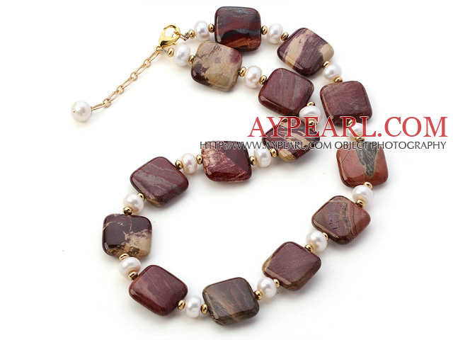 Fashion Natural White Freshwater Pearl And Square Rhodonite Strand Necklace With Gold Spacers