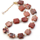 Fashion Natural White Freshwater Pearl And Square Red Picture Jasper Strand Necklace With Gold Spacers