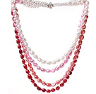 Fashion Multi Strands White Pink Red Baroque Freshwater Pearl And White Crystal Beads Necklace With Magnetic Clasp