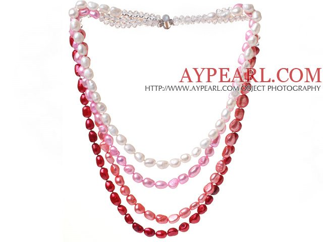 Fashion Multi Strands White Pink Red Baroque Freshwater Pearl And White Crystal Beads Necklace With Magnetic Clasp