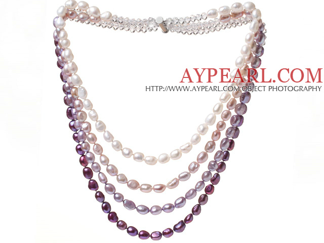 Fashion Multi Strands White Purple Baroque Freshwater Pearl And White Crystal Beads Necklace With Magnetic Clasp