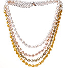 Fashion Multi Strands Multi Color Baroque Freshwater Pearl And White Crystal Beads Necklace With Magnetic Clasp