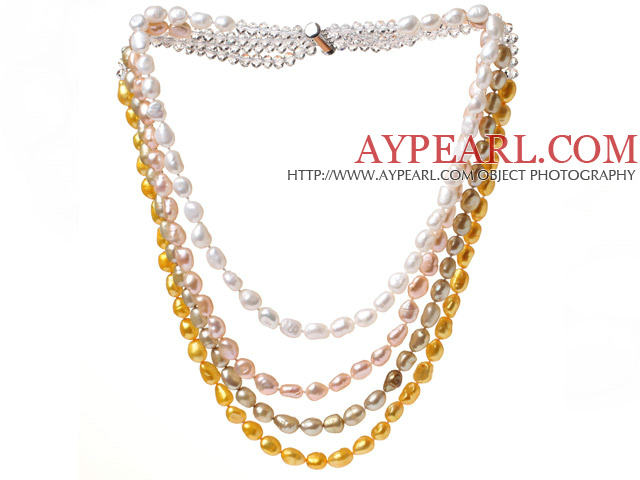 Fashion Multi Strands Multi Color Baroque Freshwater Pearl And White Crystal Beads Necklace With Magnetic Clasp