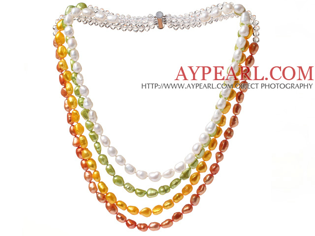 Fashion Multi Strands Multi Color barokk ferskvann perle og hvit krystall perler halskjede med magnetisk lås