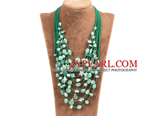 Graceful Multi Strand Irregular Shape Aventurine Beads Party Necklace With Small Green Beads Chain