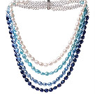 Nice Multi Strands White And Blue Series Baroque Freshwater Pearl And White Crystal Beads Necklace With Magnetic Clasp