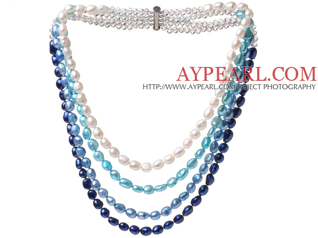 Trevlig Multi Strands Vit och blå serien Baroque Sötvatten Pearl och White Crystal pärlor halsband med magnetlås