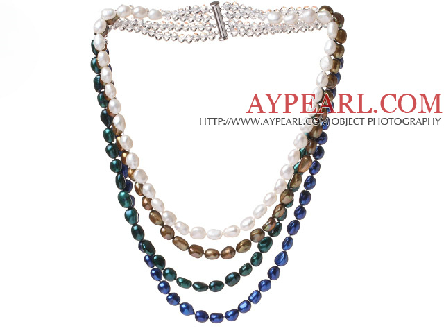Trevlig Fyra Strands Multi Color Baroque Sötvatten Pearl och White Crystal pärlor halsband med magnetlås