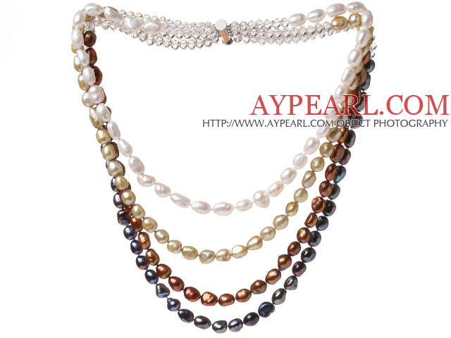 Trevlig Fyra Strands Multi Color Baroque Sötvatten Pearl och White Crystal pärlor halsband med magnetlås