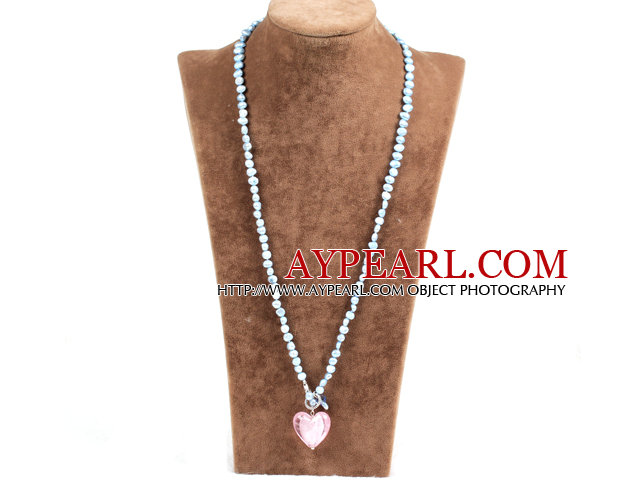 Fashion Natural Light Blue Freshwater Pearl Pink Colored Glaze Heart Pendant Necklace