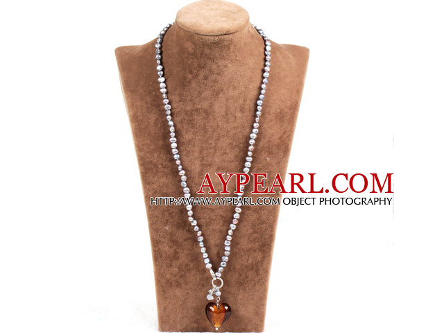 Fashion Natural Gray Freshwater Pearl Brown Colored Glaze Heart Pendant Necklace