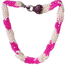Multi Twisted Strands Natural 4-5mm White Freshwater Pearl And Rose Jade-Like Crystal Beads Necklace With Purple Leopard Rhinestone Clasp