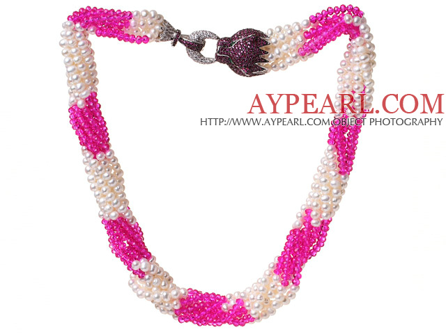 Multi Twisted Strands Natural 4-5mm White Freshwater Pearl And Rose Jade-Like Crystal Beads Necklace With Purple Leopard Rhinestone Clasp