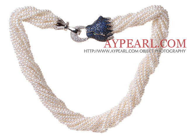 Multi verdrehten Strängen Natur Mini 2,5 -3mm Highlight Weiß Süßwasser-Zuchtperlen Perlen -Halskette mit blauer Leopard Strass Schließe