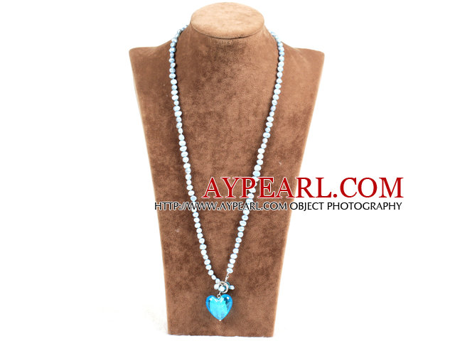 Fashion Natural Light Blue Freshwater Pearl Blue Colored Glaze Heart Pendant Necklace