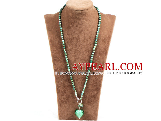 Fashion Natural Green Freshwater Pearl Colored Glaze Heart Pendant Necklace