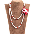 Fantastic Party Style Double Strand Natural White Freshwater Pearl Red Agate Beads Necklace with Red Shell Flower Charm