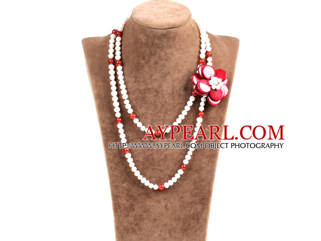 Fantastic Party Style Double Strand Natural White Freshwater Pearl Red Agate Beads Necklace with Red Shell Flower Charm