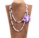 Fantastic Party Style Double Strand Natural White Freshwater Pearl Purple Agate Beads Necklace with Purple Shell Flower Charm