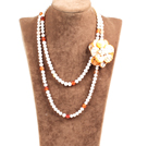 Fantastic Party Style Double Strand Natural White Freshwater Pearl Natural Agate Beads Necklace with Orange Shell Flower Charm