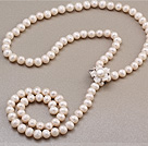 Fashion Long Style 8-9mm Natural White Freshwater Pearl Beads Necklace With Shell Flower Magnetic Clasp