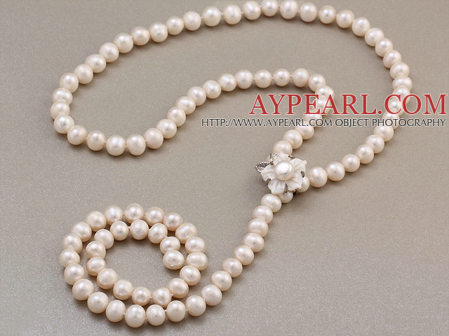 Fashion Long Style 8-9mm Natural White Freshwater Pearl Beads Necklace With Shell Flower Magnetic Clasp