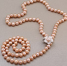 Mode lång stil 8 - 9mm Natural Pink Freshwater Pearl Halsband med Shell blomma pärlor magnetlås