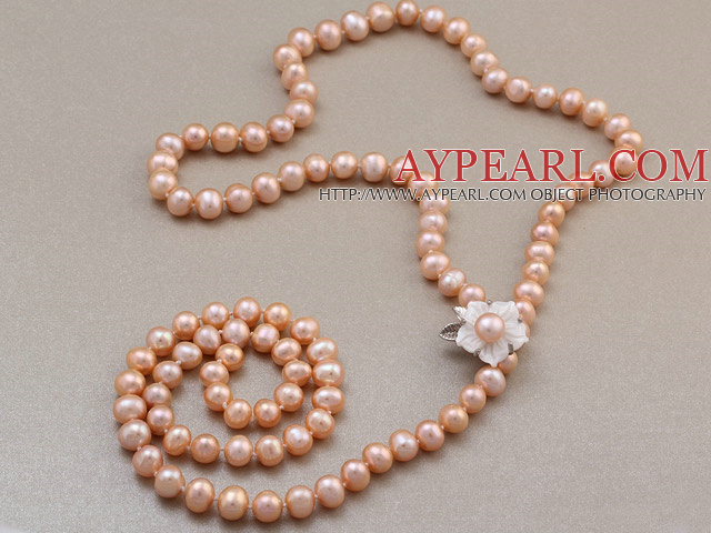Fashion Long Style 8-9mm Natural Pink Freshwater Pearl Beads Necklace With Shell Flower Magnetic Clasp