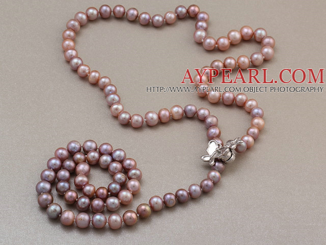 Fashion Long Style 8-9mm Natural Purple Freshwater Pearl Beads Necklace With Shell Flower Magnetic Clasp