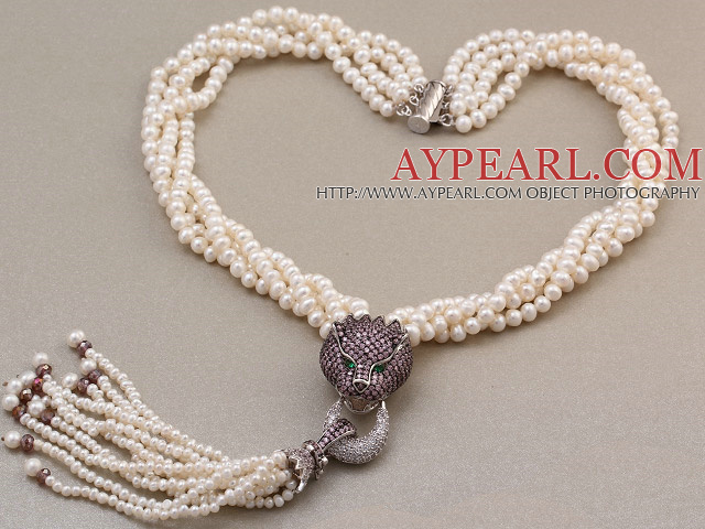 Fashion Multi Twisted Strands Natural White Freshwater Pearl Beads Necklace With Purple Leopard Rhinestones And Tassel Pendants