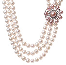 Fashion Three Strands Natural 7-8mm White Freshwater Pearl Necklace With Pink Pearl Rhinestone Flower Charm