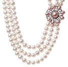 Mode trois volets Naturel 7-8mm blanc perle d'eau douce collier avec Perle rose de charme de Rhinestone de fleur