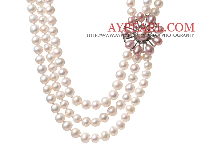 Мода Три пряди Природный 7-8мм Белый пресной воды Жемчужное ожерелье с розовым Перла Rhinestone Цветок Шарм
